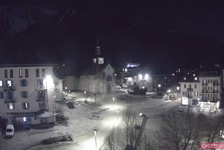 View from a webcam at the back of Chamonix's Cinema overlooking the Chamonix tourist office, the Catholic church, and the Maison de la Montagne