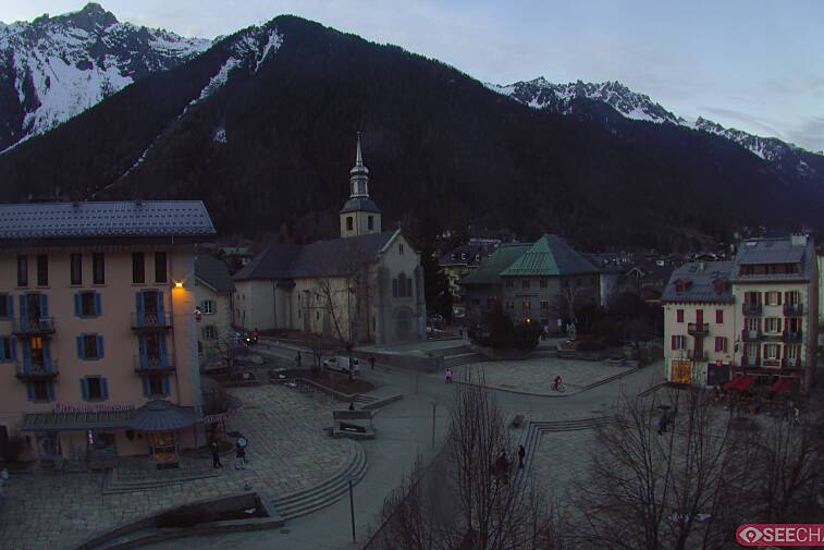 View from a webcam at the back of Chamonix's Cinema overlooking the Chamonix tourist office, the Catholic church, and the Maison de la Montagne
