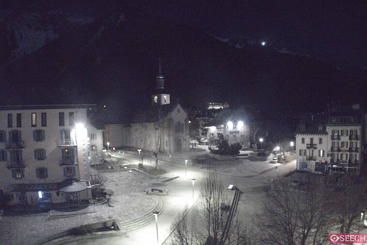 View from a webcam at the back of Chamonix's Cinema overlooking the Chamonix tourist office, the Catholic church, and the Maison de la Montagne
