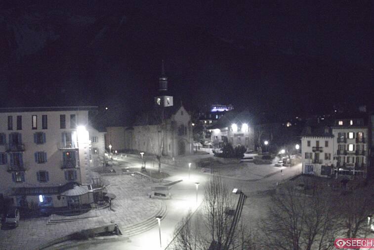 View from a webcam at the back of Chamonix's Cinema overlooking the Chamonix tourist office, the Catholic church, and the Maison de la Montagne