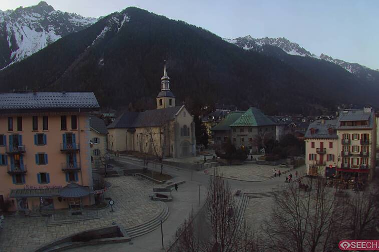 View from a webcam at the back of Chamonix's Cinema overlooking the Chamonix tourist office, the Catholic church, and the Maison de la Montagne