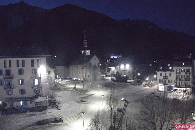 View from a webcam at the back of Chamonix's Cinema overlooking the Chamonix tourist office, the Catholic church, and the Maison de la Montagne
