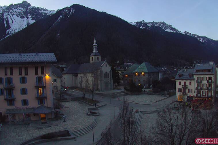 View from a webcam at the back of Chamonix's Cinema overlooking the Chamonix tourist office, the Catholic church, and the Maison de la Montagne