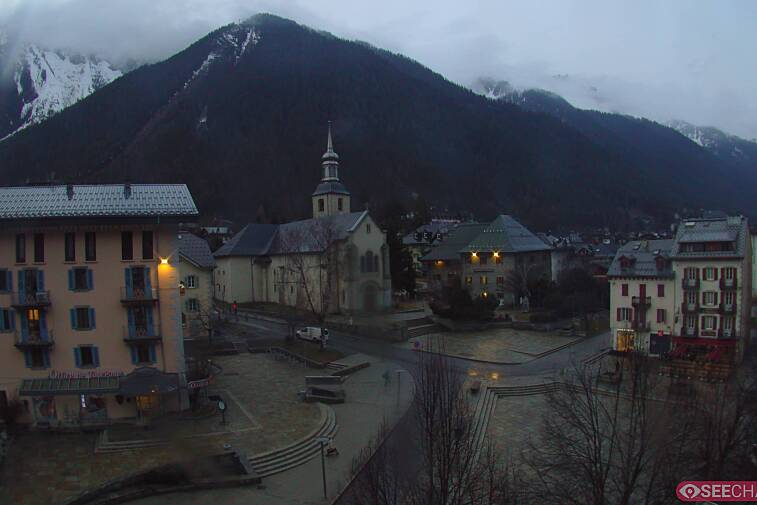 View from a webcam at the back of Chamonix's Cinema overlooking the Chamonix tourist office, the Catholic church, and the Maison de la Montagne