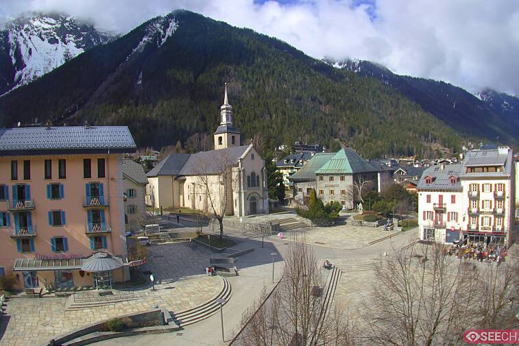 View from a webcam at the back of Chamonix's Cinema overlooking the Chamonix tourist office, the Catholic church, and the Maison de la Montagne