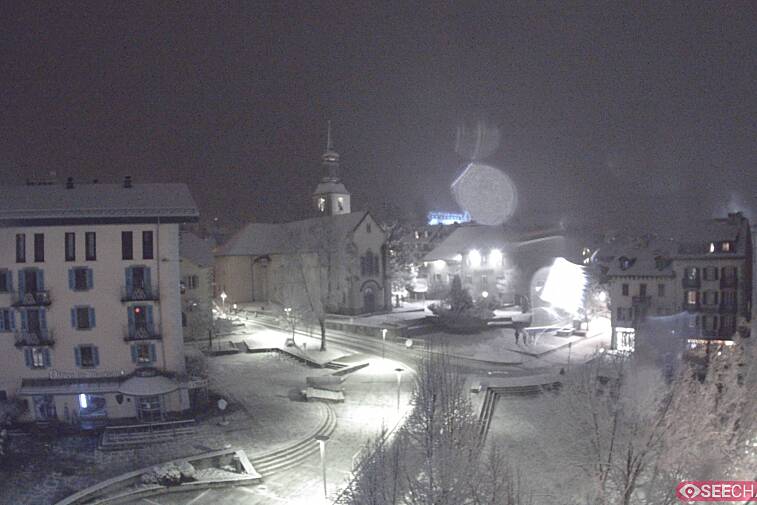 View from a webcam at the back of Chamonix's Cinema overlooking the Chamonix tourist office, the Catholic church, and the Maison de la Montagne