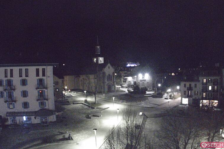 View from a webcam at the back of Chamonix's Cinema overlooking the Chamonix tourist office, the Catholic church, and the Maison de la Montagne