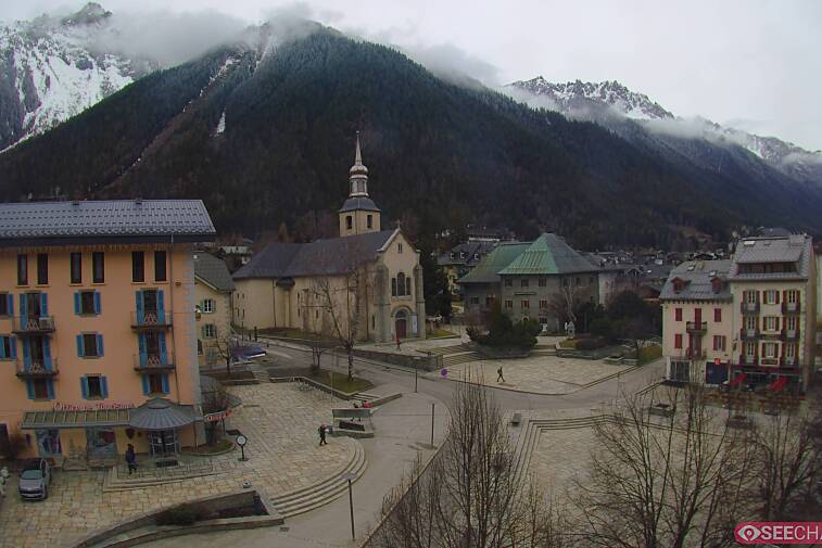 View from a webcam at the back of Chamonix's Cinema overlooking the Chamonix tourist office, the Catholic church, and the Maison de la Montagne