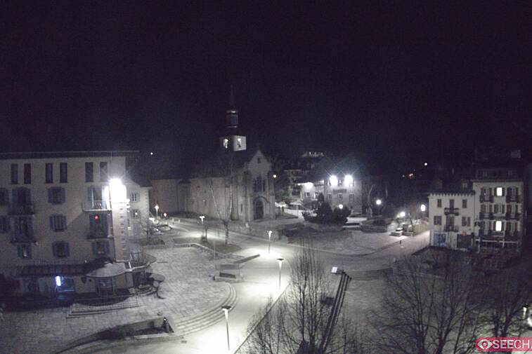 View from a webcam at the back of Chamonix's Cinema overlooking the Chamonix tourist office, the Catholic church, and the Maison de la Montagne