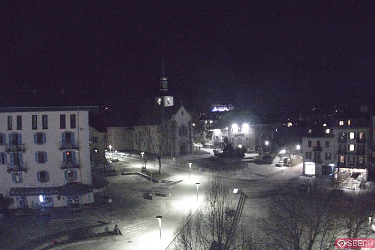 View from a webcam at the back of Chamonix's Cinema overlooking the Chamonix tourist office, the Catholic church, and the Maison de la Montagne