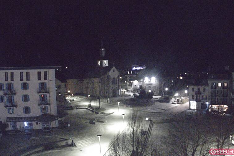 View from a webcam at the back of Chamonix's Cinema overlooking the Chamonix tourist office, the Catholic church, and the Maison de la Montagne