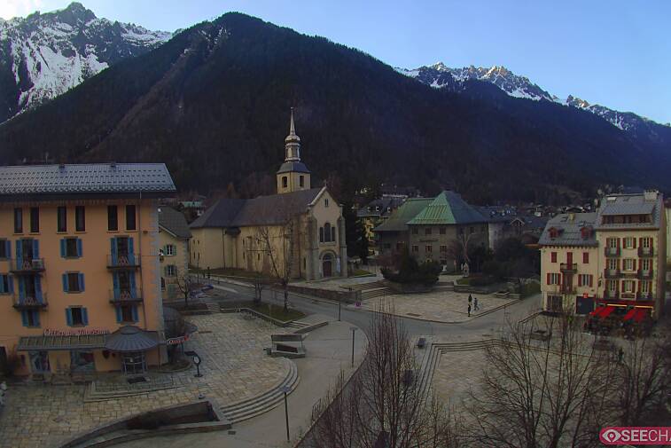 View from a webcam at the back of Chamonix's Cinema overlooking the Chamonix tourist office, the Catholic church, and the Maison de la Montagne