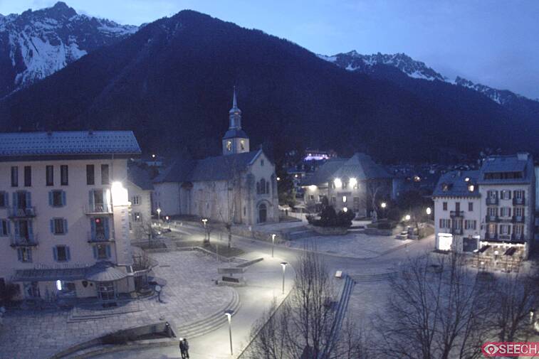 View from a webcam at the back of Chamonix's Cinema overlooking the Chamonix tourist office, the Catholic church, and the Maison de la Montagne