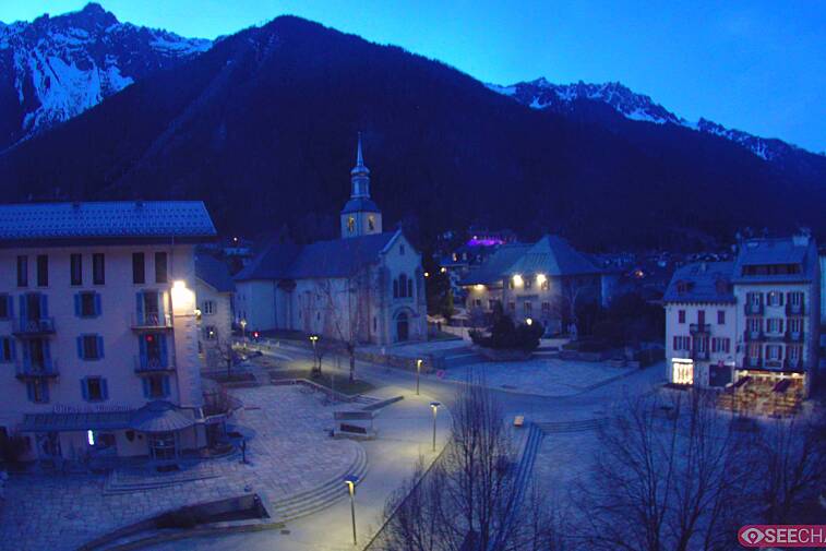 View from a webcam at the back of Chamonix's Cinema overlooking the Chamonix tourist office, the Catholic church, and the Maison de la Montagne