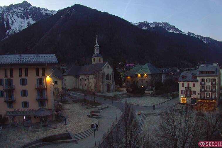 View from a webcam at the back of Chamonix's Cinema overlooking the Chamonix tourist office, the Catholic church, and the Maison de la Montagne