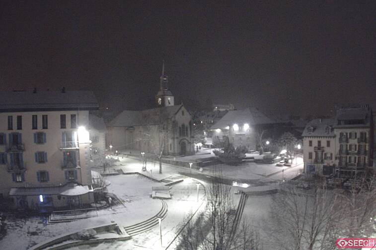 View from a webcam at the back of Chamonix's Cinema overlooking the Chamonix tourist office, the Catholic church, and the Maison de la Montagne
