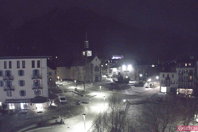 View from a webcam at the back of Chamonix's Cinema overlooking the Chamonix tourist office, the Catholic church, and the Maison de la Montagne