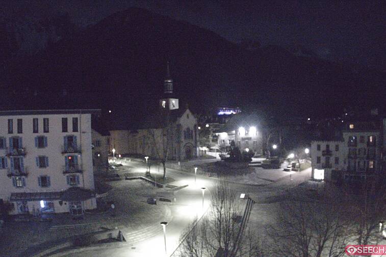 View from a webcam at the back of Chamonix's Cinema overlooking the Chamonix tourist office, the Catholic church, and the Maison de la Montagne
