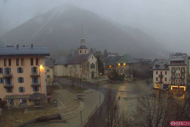 View from a webcam at the back of Chamonix's Cinema overlooking the Chamonix tourist office, the Catholic church, and the Maison de la Montagne
