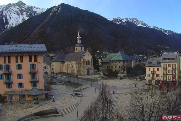 View from a webcam at the back of Chamonix's Cinema overlooking the Chamonix tourist office, the Catholic church, and the Maison de la Montagne