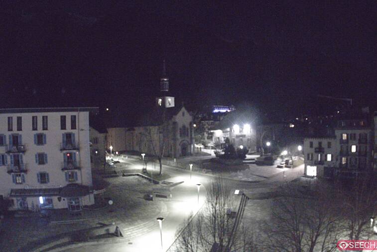 View from a webcam at the back of Chamonix's Cinema overlooking the Chamonix tourist office, the Catholic church, and the Maison de la Montagne