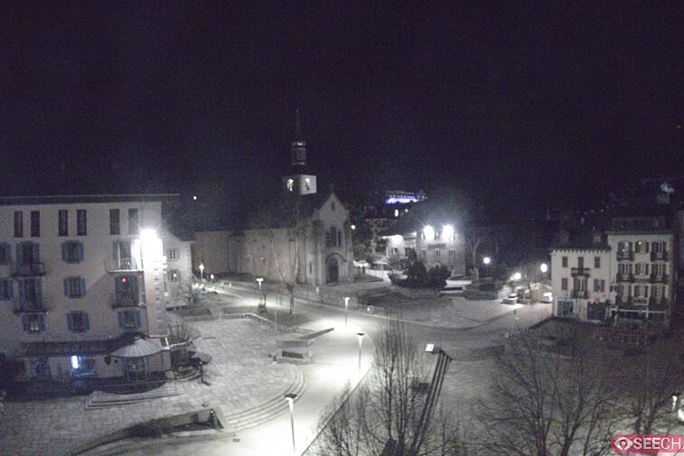 View from a webcam at the back of Chamonix's Cinema overlooking the Chamonix tourist office, the Catholic church, and the Maison de la Montagne