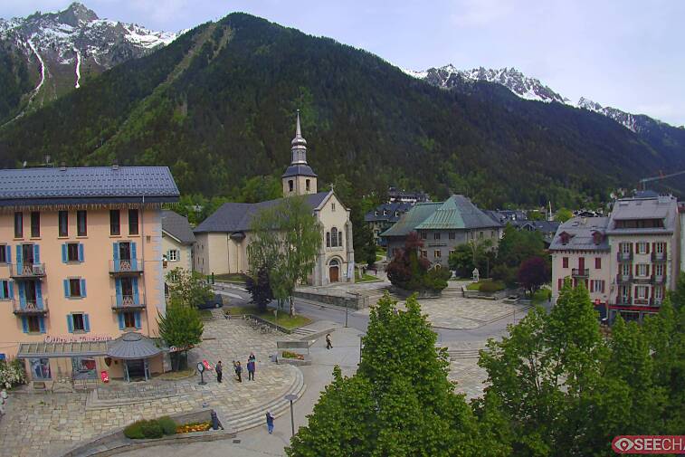 View from a webcam at the back of Chamonix's Cinema overlooking the Chamonix tourist office, the Catholic church, and the Maison de la Montagne