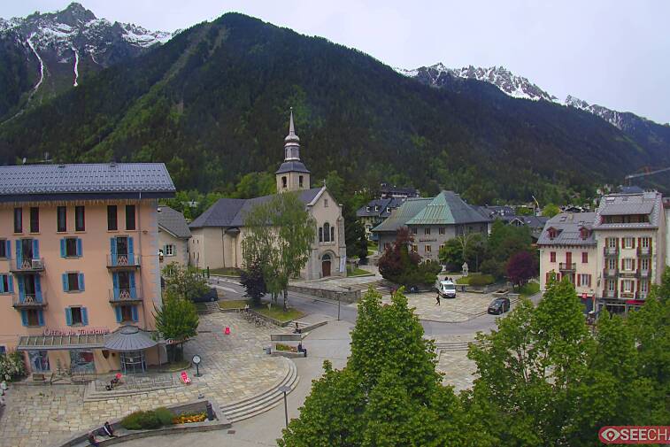 View from a webcam at the back of Chamonix's Cinema overlooking the Chamonix tourist office, the Catholic church, and the Maison de la Montagne
