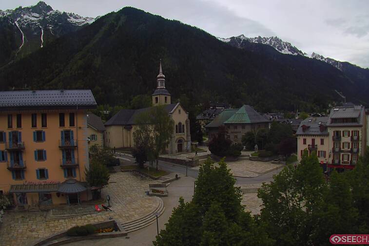 View from a webcam at the back of Chamonix's Cinema overlooking the Chamonix tourist office, the Catholic church, and the Maison de la Montagne
