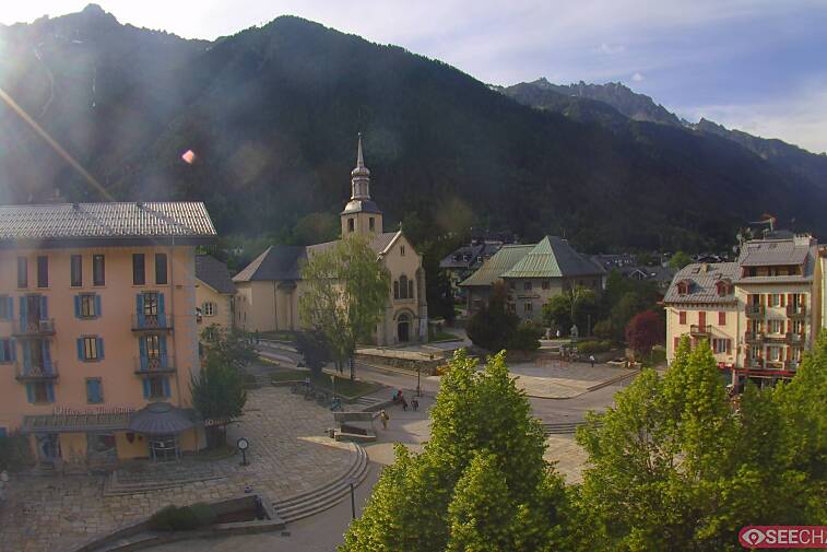View from a webcam at the back of Chamonix's Cinema overlooking the Chamonix tourist office, the Catholic church, and the Maison de la Montagne