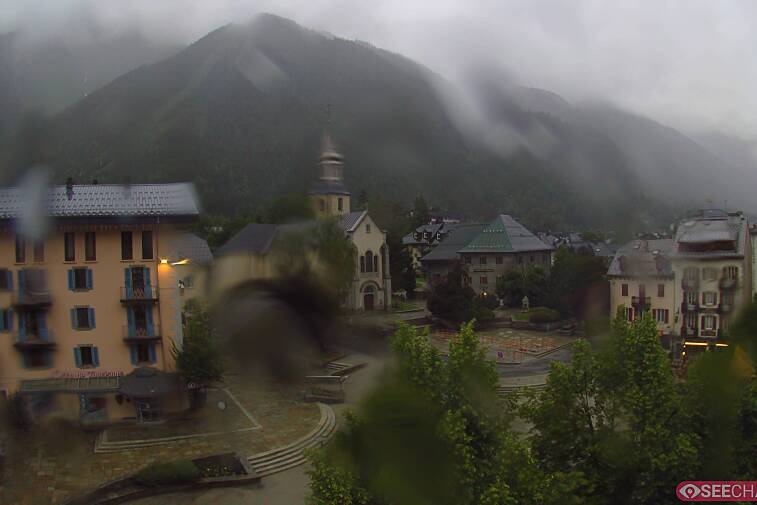 View from a webcam at the back of Chamonix's Cinema overlooking the Chamonix tourist office, the Catholic church, and the Maison de la Montagne