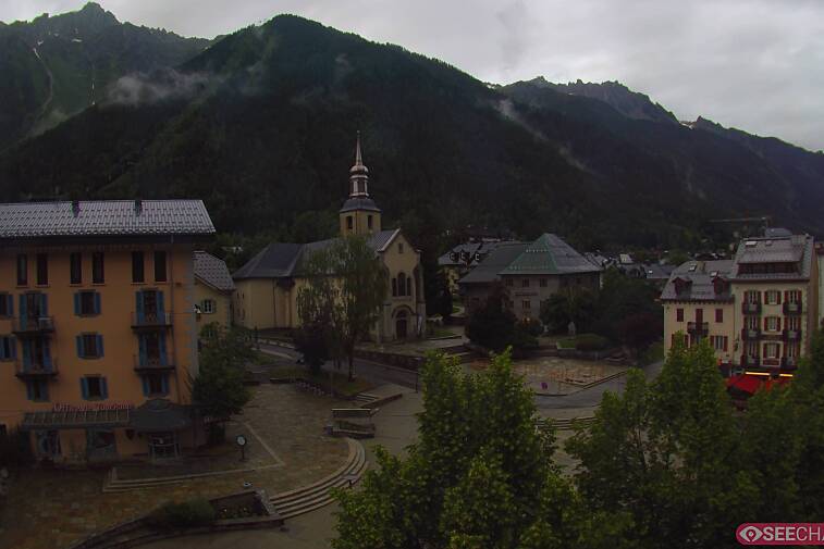 View from a webcam at the back of Chamonix's Cinema overlooking the Chamonix tourist office, the Catholic church, and the Maison de la Montagne