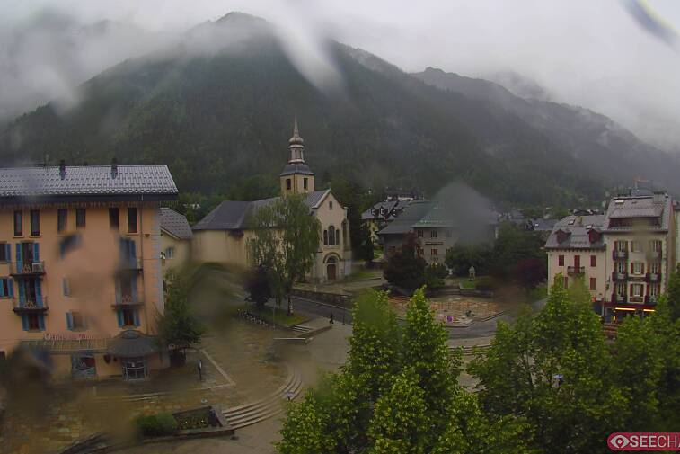 View from a webcam at the back of Chamonix's Cinema overlooking the Chamonix tourist office, the Catholic church, and the Maison de la Montagne