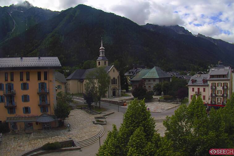 View from a webcam at the back of Chamonix's Cinema overlooking the Chamonix tourist office, the Catholic church, and the Maison de la Montagne