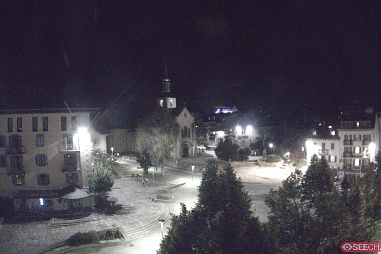 View from a webcam at the back of Chamonix's Cinema overlooking the Chamonix tourist office, the Catholic church, and the Maison de la Montagne
