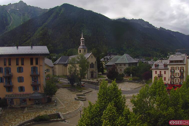 View from a webcam at the back of Chamonix's Cinema overlooking the Chamonix tourist office, the Catholic church, and the Maison de la Montagne