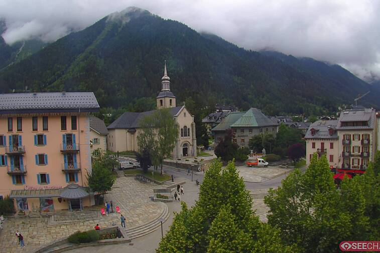 View from a webcam at the back of Chamonix's Cinema overlooking the Chamonix tourist office, the Catholic church, and the Maison de la Montagne