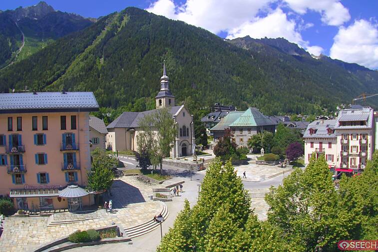 View from a webcam at the back of Chamonix's Cinema overlooking the Chamonix tourist office, the Catholic church, and the Maison de la Montagne