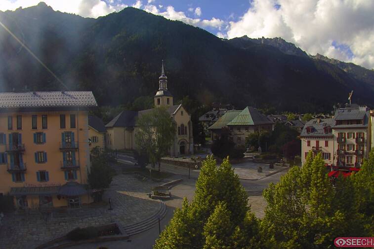 View from a webcam at the back of Chamonix's Cinema overlooking the Chamonix tourist office, the Catholic church, and the Maison de la Montagne