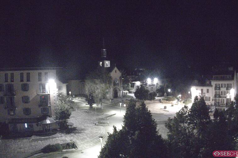 View from a webcam at the back of Chamonix's Cinema overlooking the Chamonix tourist office, the Catholic church, and the Maison de la Montagne