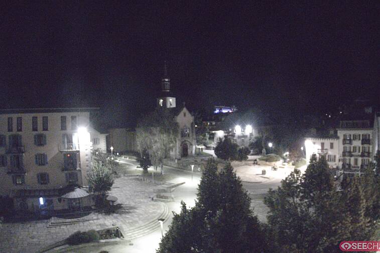 View from a webcam at the back of Chamonix's Cinema overlooking the Chamonix tourist office, the Catholic church, and the Maison de la Montagne