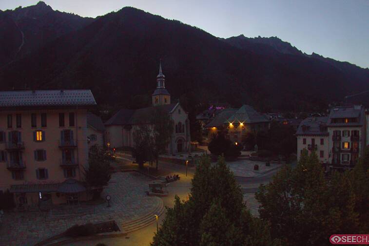 View from a webcam at the back of Chamonix's Cinema overlooking the Chamonix tourist office, the Catholic church, and the Maison de la Montagne