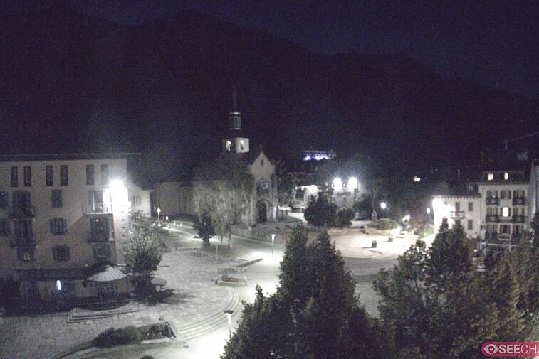 View from a webcam at the back of Chamonix's Cinema overlooking the Chamonix tourist office, the Catholic church, and the Maison de la Montagne