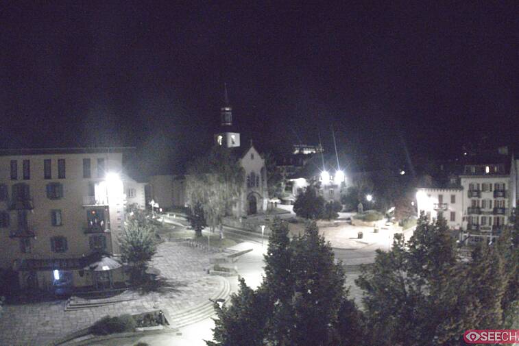 View from a webcam at the back of Chamonix's Cinema overlooking the Chamonix tourist office, the Catholic church, and the Maison de la Montagne