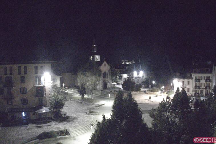 View from a webcam at the back of Chamonix's Cinema overlooking the Chamonix tourist office, the Catholic church, and the Maison de la Montagne