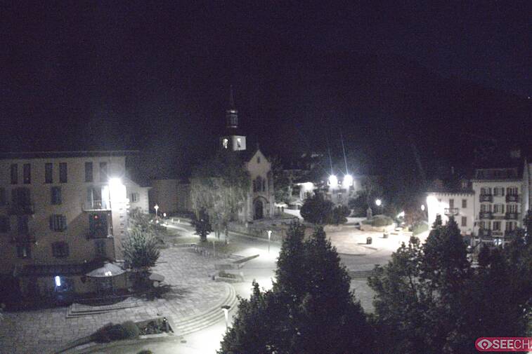 View from a webcam at the back of Chamonix's Cinema overlooking the Chamonix tourist office, the Catholic church, and the Maison de la Montagne