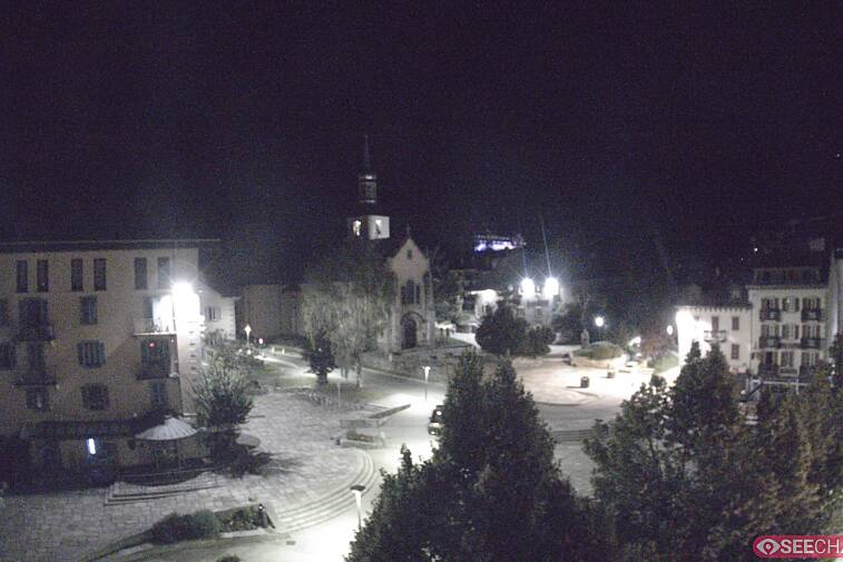 View from a webcam at the back of Chamonix's Cinema overlooking the Chamonix tourist office, the Catholic church, and the Maison de la Montagne