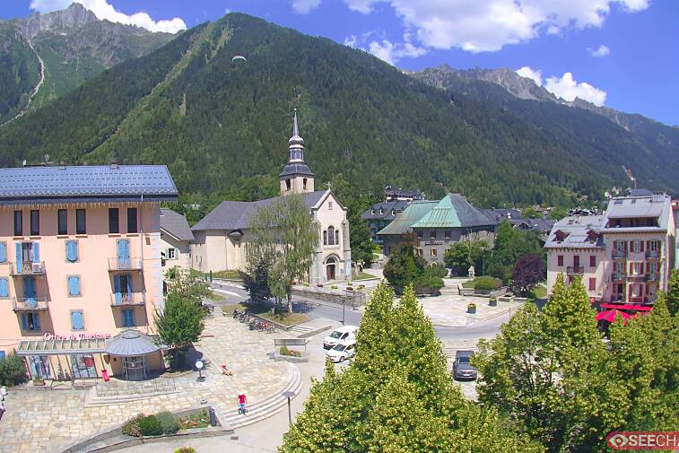 View from a webcam at the back of Chamonix's Cinema overlooking the Chamonix tourist office, the Catholic church, and the Maison de la Montagne