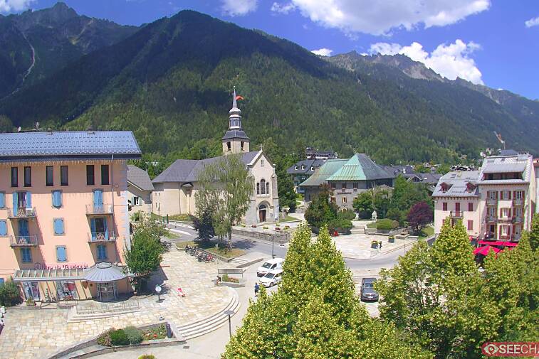 View from a webcam at the back of Chamonix's Cinema overlooking the Chamonix tourist office, the Catholic church, and the Maison de la Montagne