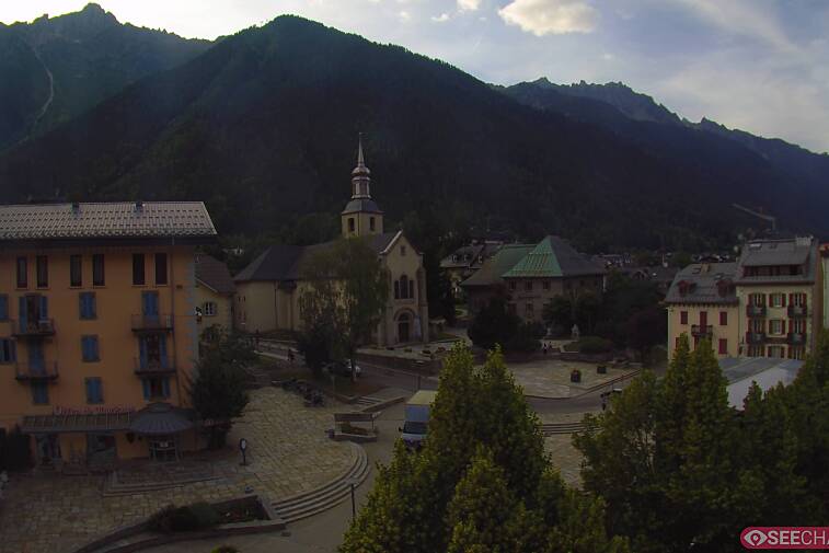 View from a webcam at the back of Chamonix's Cinema overlooking the Chamonix tourist office, the Catholic church, and the Maison de la Montagne